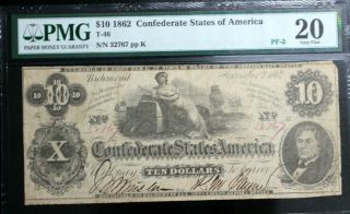 T - 46 1862 $10 Dollar Confederate Csa Pmg 20 Pf - 2 R (4) Months Corrected