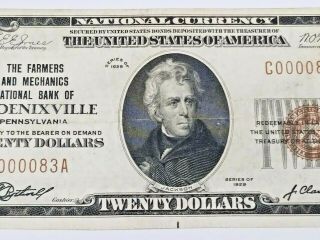 1929 U.  S.  $20 Phoenixville Pennsylvania Federal Bank Note,  1936 3