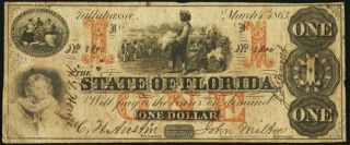 Confederate Currency Tallahassee,  Fl - State Of Florida $1 Mar.  1,  1863