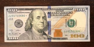 Series 2009 $100 Dollar Bill Federal Reserve Star Note Jj01722686 J10
