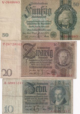 Germany 10,  20 And 50 Reichsmark 1933 And 1929 (l25)