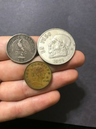 1904 Silver Mexican Republic 20 Centavos Coin 1968 5 Centavos 1971 Un Peso