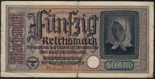 1940 - 1945 50 Reichsmark Germany Nazi Wwii Money Swastika 3rd Reich P R140 Vg