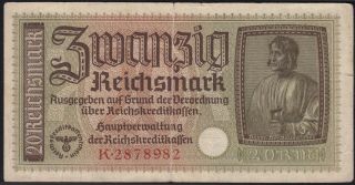 1940 - 1945 20 Reichsmark Germany Nazi Wwii Banknote Swastika 3 Reich P R139 F