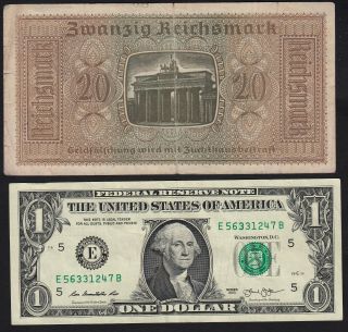1940 - 1945 20 Reichsmark Germany Nazi WWII Banknote Swastika 3 Reich P R139 F 3