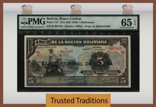 Tt Pk 113 1911 Bolivia Banco Central 5 Bolivianos Pmg 65 Epq Surviving 100,  Yrs