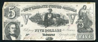 T - 37 1861 $5 Five Dollars Csa Confederate States Of America Very Fine,