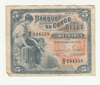 Belgian Congo 5 Francs 1951 Circ.  P13b @