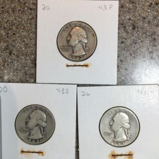 Set Of 3 1943 P D &s Washington Silver Quarter Dollars - - 90 Silver