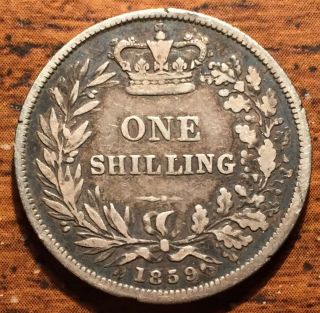 1859 Silver Great Britain One 1 Shilling Queen Victoria Young Head Coin 2