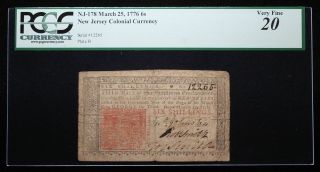 Jersey.  March 25,  1776.  6 Shillings.  Pcgs Currency Vf20
