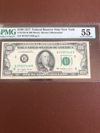 1977 100 Dollar Pmg Au55 Federal Reserve Note Ny $100 Bill.  Fr2168 - B