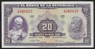 Colombia - 20 Pesos 1950 - Xf/au - Starts At.  99 Cents With