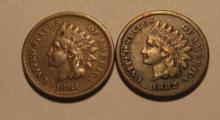 1881 & 1882 Indian Head Cent Penny - Very Fine - 29sa - 2