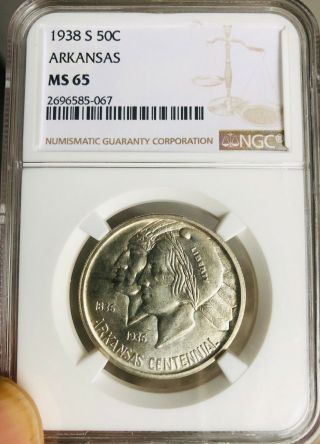 1938 - S Arkansas Commemorative Silver Half Dollar - Ngc Ms - 65 - State 65