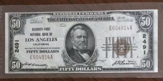 1929 $50 National Note Security First National Bank Of Los Angeles California