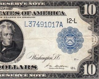 Bold Vf 1914 $10 " Type B " San Francisco Federal Reserve Note 91017a