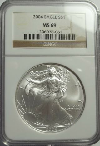 2004 1 Ounce Silver American Eagle Ngc Ms - 69