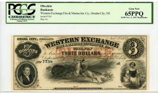 1857 $3 Western Exchange - Nebraska Note W/ Indian Hunting Buffalo Pcgs 65 Ppq