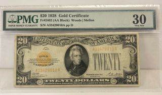 Usa Gold Certificate 1928 $20 Fr 2402 Pmg Vf30 Currency Woods/mellon