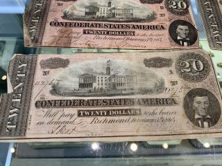 5 1864 CSA Confederate Currency Note $20 Dollar Total Of 5 2