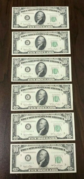 6 Consecutive Crisp Unc 1950 $10 Dollar Bill Federal Reserve Note Philadelphia