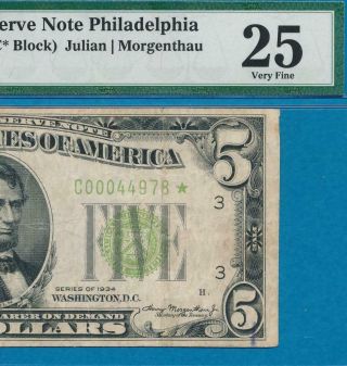 $5.  00 1934 Philadelphia Star Lime Green Seal Federal Reserve Note Pmg Vf25