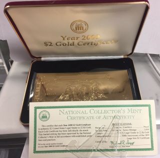 Year 2000 $2 Gold Certificate In 22kt Gold National Collectors W/