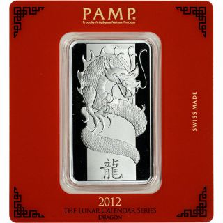100 Gram Silver Bar - Pamp Suisse - Lunar Year Of The Dragon.  999 Fine In Assay