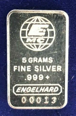 Rare 5 Gram Engelhard.  999 Silver Bar - Low Serial Number - 00013