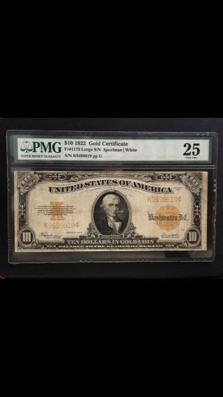 1922 $10 Gold Certificate ✪ Pmg Vf - 25 Very Fine ✪ Fr.  1173 No Comments ◢trusted◣