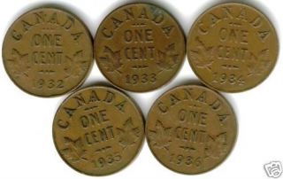 Canada 1932 1933 1934 1935 1936 George V 1 Cent Canadian Copper Coins