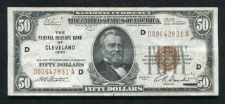 Fr.  1880 - D 1929 $50 Fifty Dollars Frbn Federal Reserve Bank Note Clevland,  Oh Xf