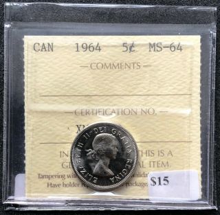 1964 Canada 5 Cent Nickel Iccs Graded Ms - 64 Great Detail