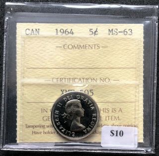 1964 Canada 5 Cent Nickel Iccs Graded Ms - 63