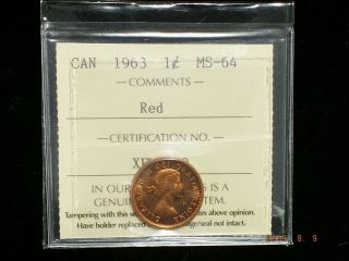 1963 - Canadian One Cent - Iccs Graded Ms - 64 Red