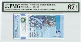 Northern Ireland,  Ulster Bank 2018 Pmg Gem Unc 67 Epq 5 Pounds
