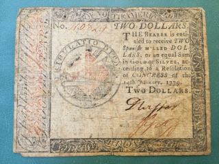 Continental Currency $2 Dollars Jan 14 1779 Note