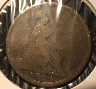 1864 ONE PENNY Great Britain Queen Victoria.  KM 479.  2 Bronze 2