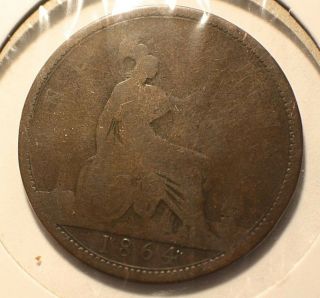 1864 ONE PENNY Great Britain Queen Victoria.  KM 479.  2 Bronze 3