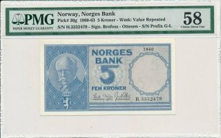 Norges Bank Norway 5 Kroner 1960 S/no 3332xxx Pmg 58