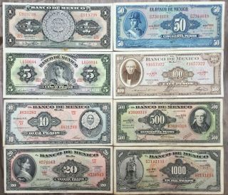 Mexico 1961 - 1974 Complete Set 1,  5,  10,  20,  50,  100,  500 & 1000 Pesos 8 Notes