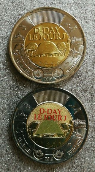 2019 Canada 75th D - Day Coloured,  No Colour Unc $2 Two Dollar Coins Set