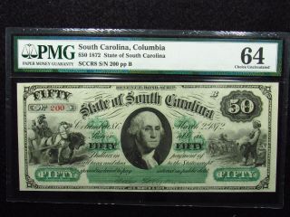 1872 $50 State Of South Carolina,  Columbia Pmg Choice Unc 64 Sccr8 Sn 200