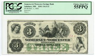 1862 $3 Somerset And Worcester Savings Bank - Maryland Note Pcgs Ch.  Au 55 Ppq