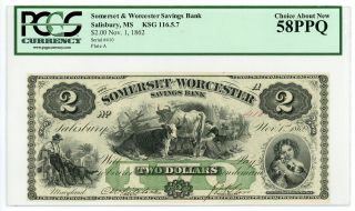 1862 $2 Somerset And Worcester Savings Bank - Maryland Note Pcgs Ch.  Au 58 Ppq