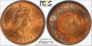 1969 Mauritius 2 Cents Bu Pcgs Ms64rb Circle Toned Coin Only 2 Graded Higher