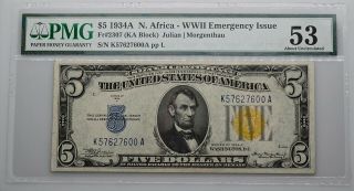 1934 - A North Africa Wwii Emergency Issue $5 Silver Certificate Fr 2307 Pmg Au 53