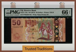 Tt Pk 118a Nd (2013) Fiji Reserve Bank $50 Stunning Reverse Pmg 66 Epq Gem Unc