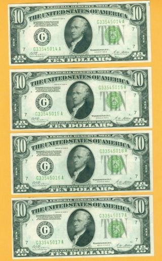 4 Consecutive 1928 B $10 Ten Dollars Frn Federal Reserve Notes Uncirculated Lgs